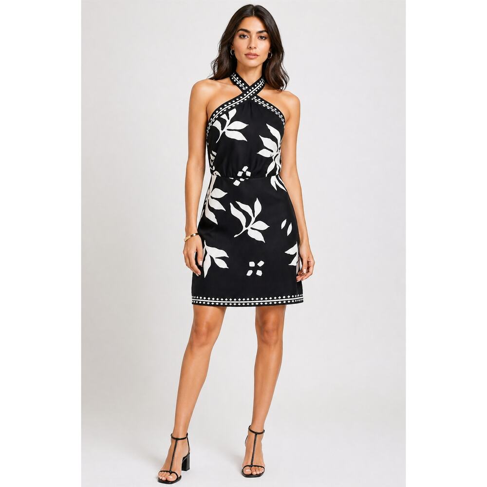Loft Fern Linen Blend Mini Halter Dress Black White Tropical Womens Size 10 New